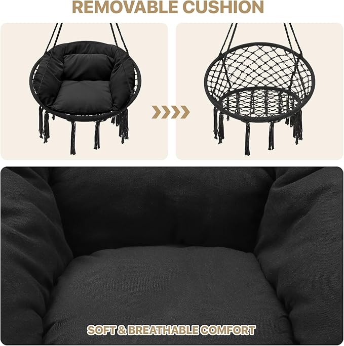 Monibloom Hanging Hammock Chair W/Large Padded Cushion, Macrame Swing Chair for Porch, Max 350 Lbs Capacity Hanging Swing for Adults & Teens, Comfy Hammock for Bedroom Relaxing Reading Napping, Black