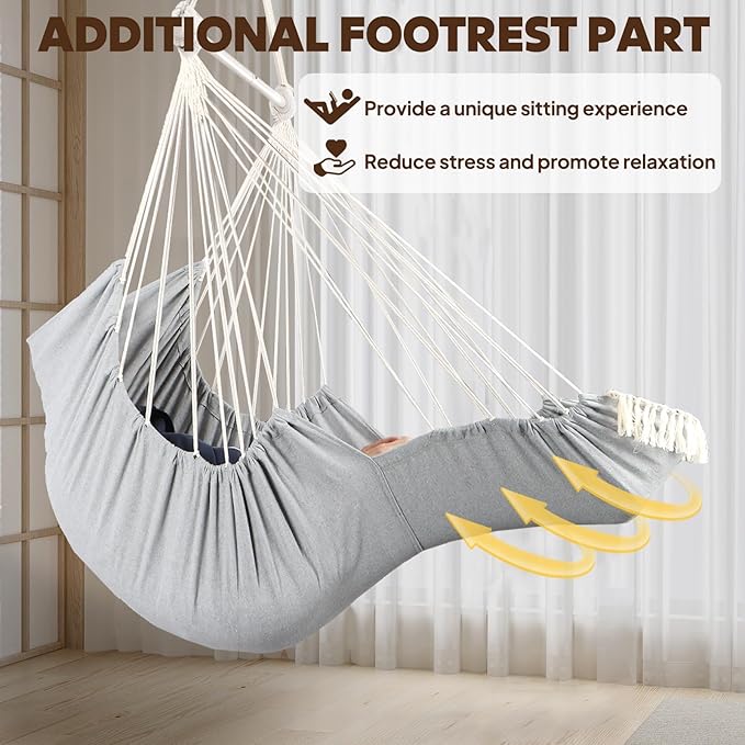 Chihee Hammock Chair Hanging Chair with Foot Rest 2 Cushions Max 500lbs Robust Metal Spreader Bar Collapsible Easy Storage Soft Cotton Swing Chair Strong Strap Iron Carabiner Side Pocket Included