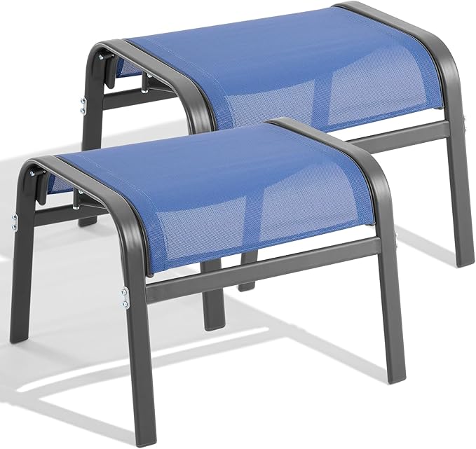 ONBRILL Outdoor Ottoman Set of 2, All Weather Outdoor Foot Stool with Supportive Textliene and Metal Frame, Stackable Oversized Outdoor Foot Rest for Furniture Patio Garden Pool, Blue