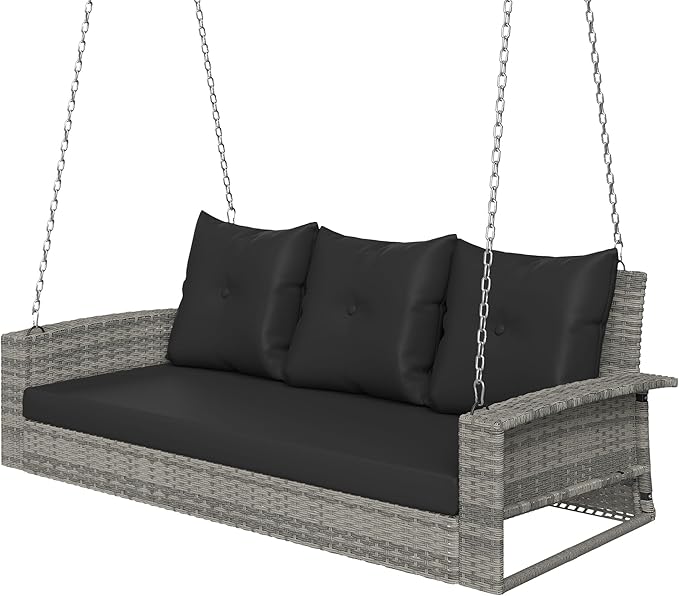 YITAHOME 3-Seats Outdoor Hanging Porch Swing Chair Rattan Black Wicker Patio Swing Chair with Swing Lounge 3 Black Back Cushions Capacity for Garden, Balcony, Courtyard, Gazebo, Porch