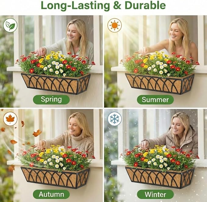 Y&M 24 Inch Window Deck with Coco Liner, Fence Metal Hanging Flower Planter Window Basket Deck Railing Planter Boxes for Outdoor Garden Lawn, 24" Window Boxes Horse Trough with Coconut Coir Liner,4pcs