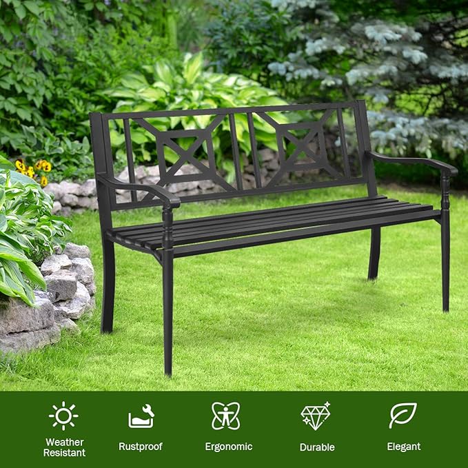 S AFSTAR Outdoor Garden Bench, Metal Porch Bench Seat with Slated Seat & Decorative Backrest, 2-Person Loveseat for Patio Garden, Powder Coated Iron Frame, Patio Bench Front Door Bench for Outside