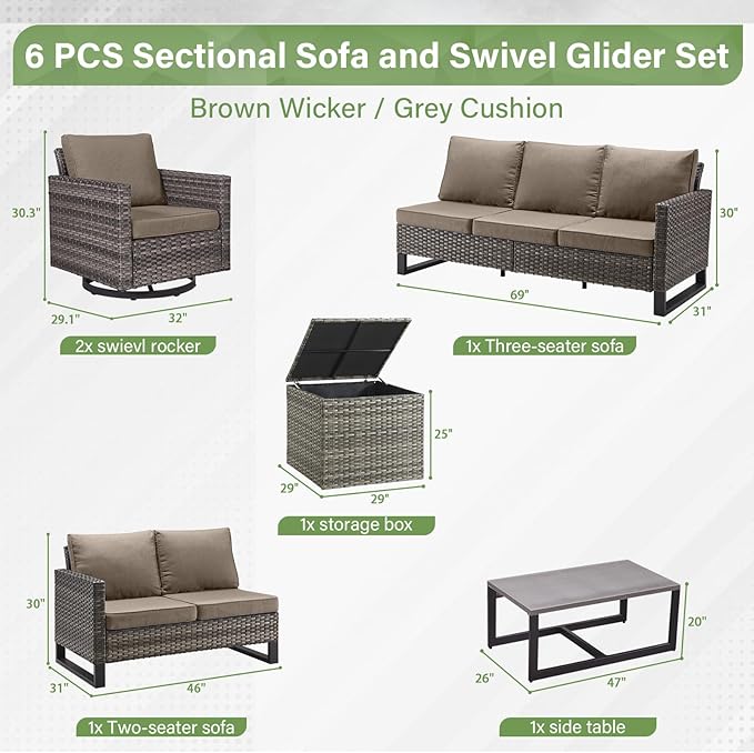 Belord Family Reunion Patio Conversation Set - 6 Piece Outdoor Sectional Furniture Set with Storage Box and Wicker Swivel Glider Chair Set of 2,Removable Gray Cushions for Deck Backyard Sunroom