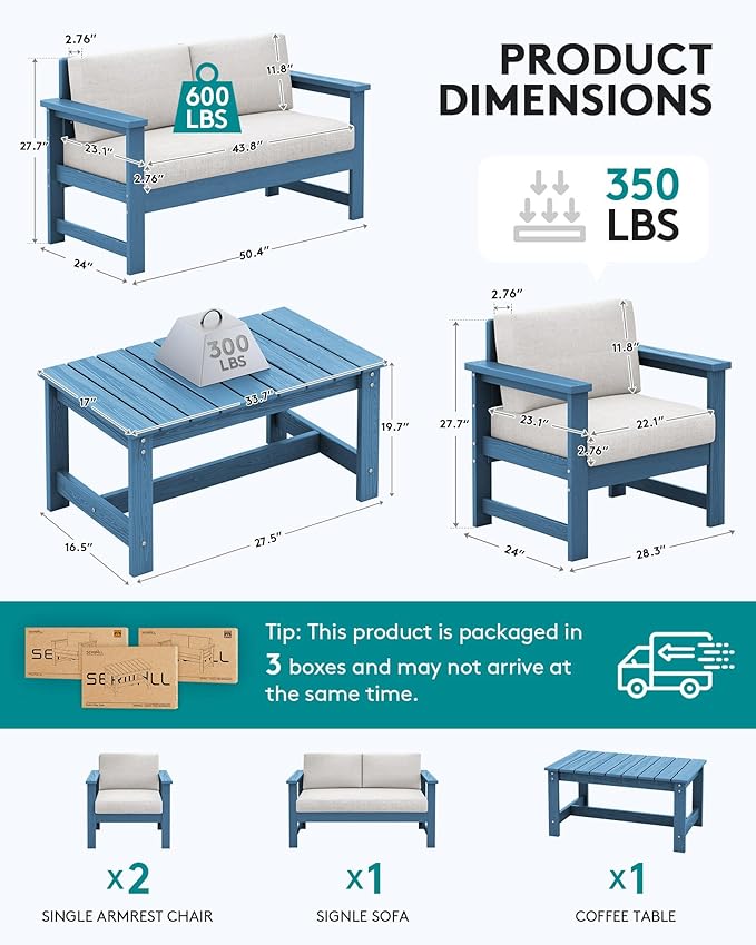 SERWALL 4 Pieces HDPE Outdoor Sofa Set with 10FT Patio Umbrella, All Weather Use Loveseat Furniture Sofa Set, Outdoor Conversation Couch with Coffee Table for Patio, Blue Frame with Khaki Cushions