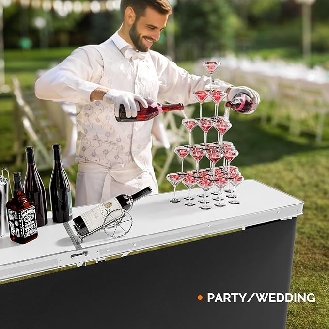 VINGLI 78" Portable Bar Table, 2-Tier Shelves, Mobile Bar Table for Events, Party, Camping, Picnic, Tradeshow, Indoor with Black Skirt