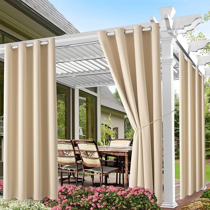 DIVA EN CAMINO DEC Outdoor Patio Curtain Waterproof Darkening Thermal Insulated Indoor Curtains for Bedroom, Porch, Living Room, Pergola, Cabana, W52 x L132, Beige, Set of 2 Panels