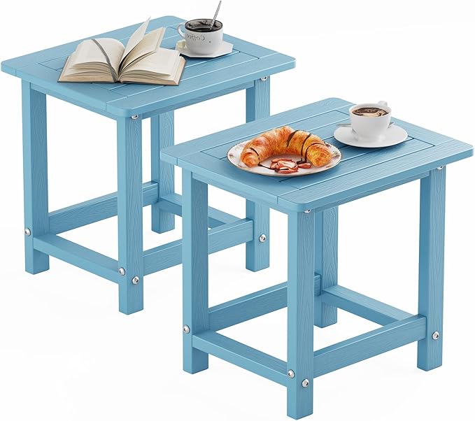 YEFU Outdoor Side Table for Patio: 16" HIPS Weather - Resistant Adirondack Tables Set of 2 - Small Square End Tables for Backyard Pool Porch Balcony - Indoor Outdoor Durable Table Blue