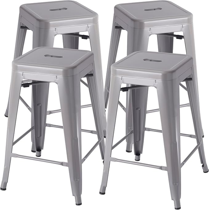 Stackable Metal Bar Stool Backless Indoor-Outdoor Counter Stools Fullmetal Dinning Chairs Set of 4 (Grey, 24 Inch)