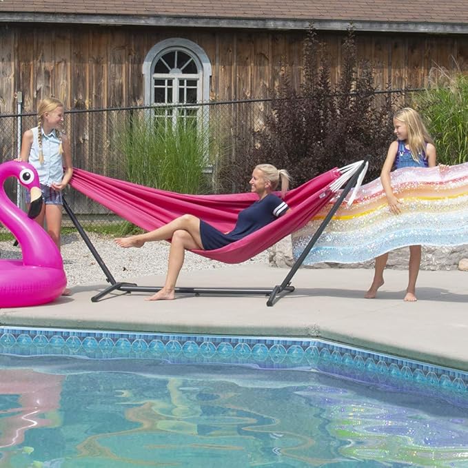 Vivere Double Polyester Hammock with Space Saving Steel Stand and Premium Carry Bag - 450 lb Capacity (Hot Pink)