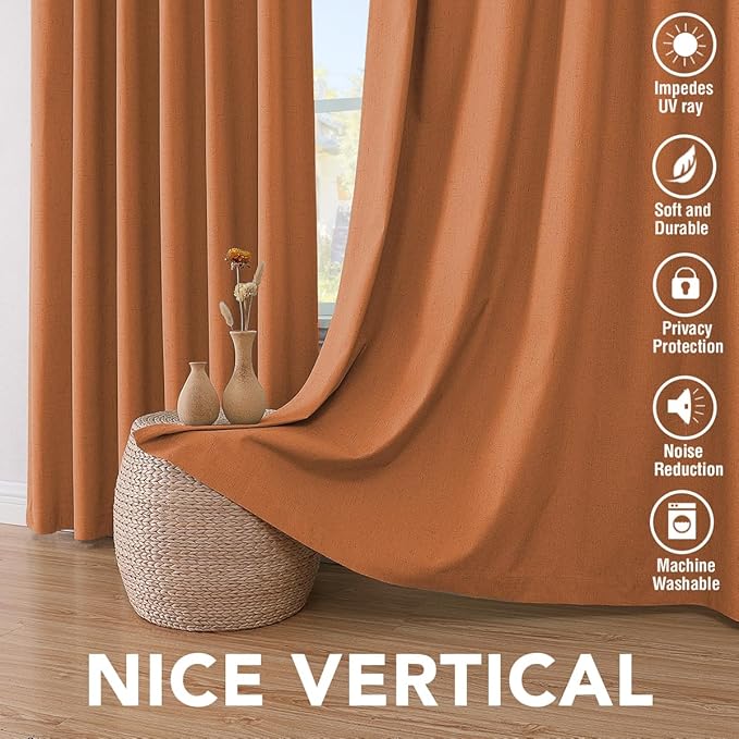 H.VERSAILTEX 100% Blackout Curtains for Bedroom Thermal Insulated Linen Textured Curtains Heat and Full Light Blocking Drapes Living Room Curtains 2 Panel Sets, Orange, 52x96 Inch