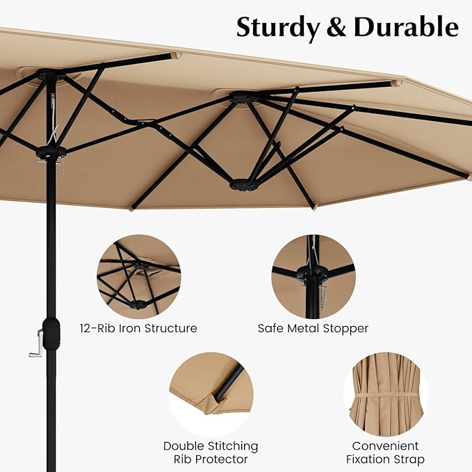Tangkula 10 Pieces Patio Wicker Dining Set w/Double-Sided Patio Umbrella, Outdoor Acacia Wood Furniture Set w/ 8 Armchairs, 71” Dining Table & 15 ft Umbrella with Weighted Base (Coffee)