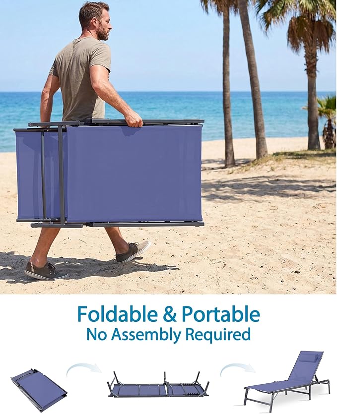 Foldable Chaise Lounge Chair with Cup Holder, Assemble-Free Outdoor Lounge Chair with Detachable Pillow and 6 Adjustable Backrest, Patio Lounge Chair for Outside Poolside Beach Pool, Blue