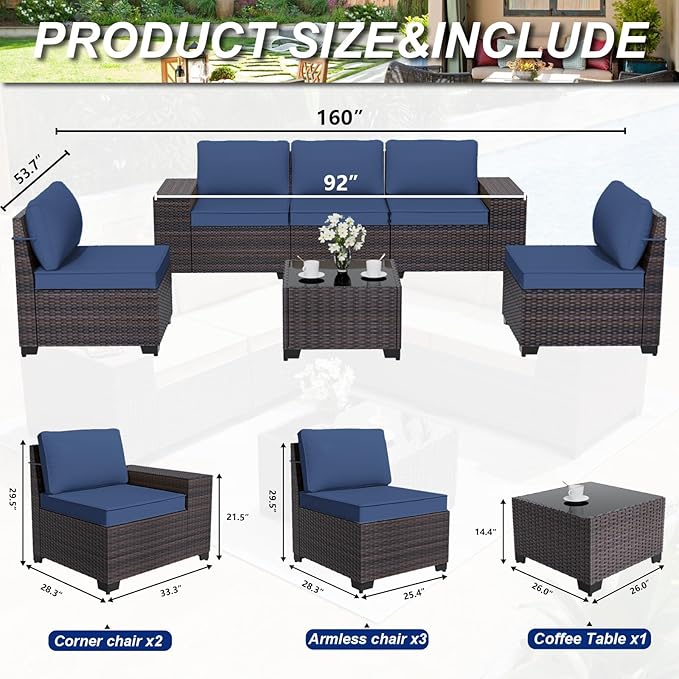 ALAULM 6 Pieces Patio Furniture Set, Oversized Seat/Armrest and High Back Wicker Sectional Furniture Set with Thick Cushion for Backyard, Garden, Navy Blue