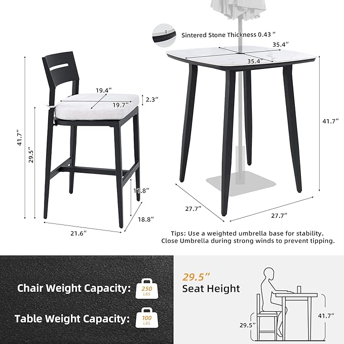 Modern 5PCS Outdoor Patio Bar Set, Rounded Square 35.4'' Sintered Stone Table & 4 Aluminum Bar Stools, Ember Black, Greek White Marble-Inspired Top, Tapered Legs, Weather-Resistant