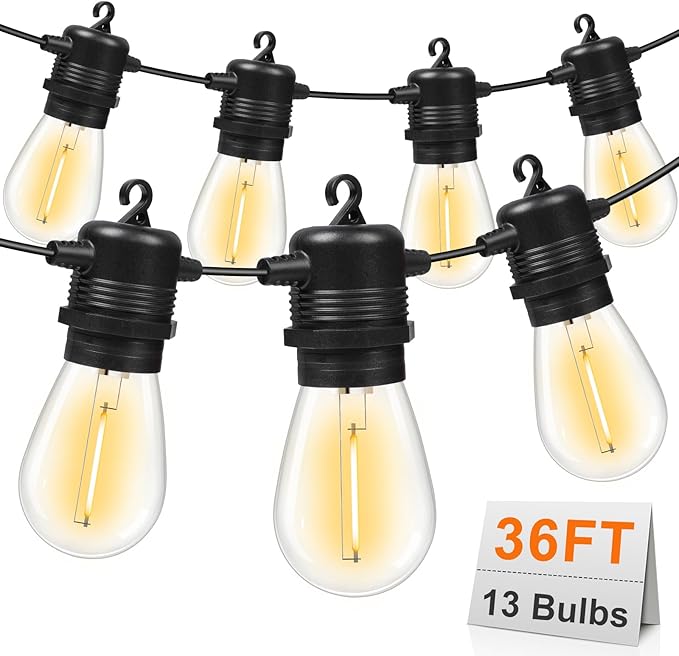 LED Outdoor String Lights 36FT Patio Lights with 13 Shatterproof S14 Replaceable Bulbs(1 Spare), Outside Hanging Lights Waterproof for Porch, Deck, Garden, Backyard, Balcony, 2700K Dimmable