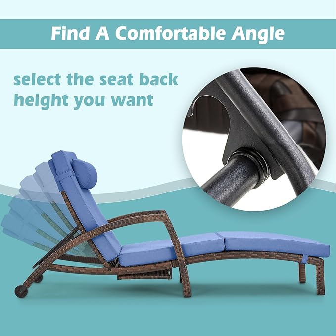Chaise Lounge Chairs Outdoor Set of 4, Comfy Outside Wicker Patio Pool Lounge Chair w/ 5 Adjustable Back Angle, Cup Holder, Thicken Cushion