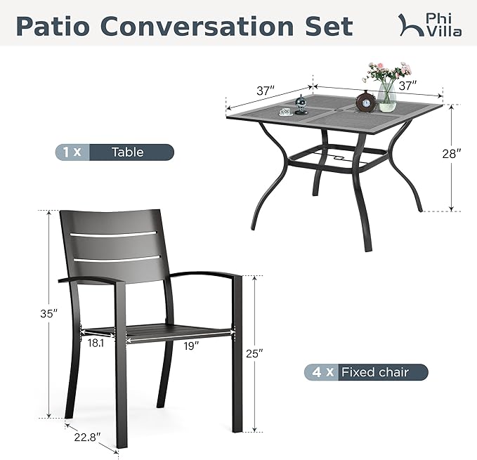 PHI VILLA 5 Pieces Outdoor Patio Dining Set for 4, 37" Black Square Mesh-top Metal Table with Umbrella Hole & Stackable Wrought Iron Chairs, Outside Furniture Set for Deck, Porch, Backyard