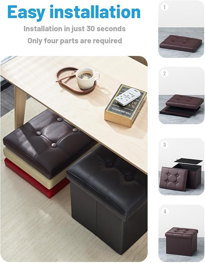 AmasSmile 2PC Storage Ottoman Folding Foot Rest Stool with Side Pocket, 16 inch Leather Footstool Bench, Short Ottoman Bench, Storage Foot Rest Store, Books, Brown
