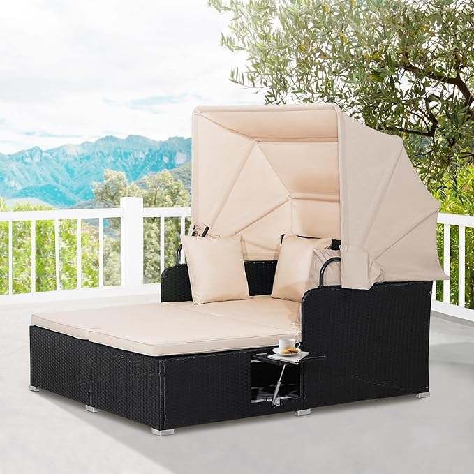RELAX4LIFE Patio Outdoor Daybed with Canopy, Wicker Sunbed w/Cushions, 4 Pillows & 2 Retractable Side Trays, 2-Person Lounge Bed Conversation for Poolside Porch Garden, Rattan Outdoor Bed (Beige)