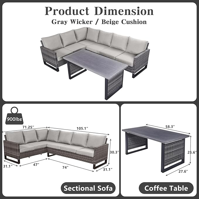 Belord Outdoor Sectional Sofa 6 Seater L Shaped Couch Wicker Patio Conversation Furniture Set with Tree-Grain Finish Metal Dining Table, Rattan Outdoor Furniture with Removable Washable Cushion Beige