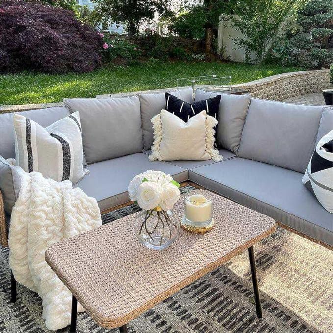 YITAHOME 4 Pieces Patio Furniture Set, Outdoor Wicker Conversation Sectional L-Shaped Sofa with 5 Seater for Backyard, Porch, Boho Detachable Lounger with Thickness Cushions and Side Table - Grey