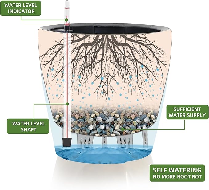 Dexceder 9x8 Inches Self Watering Planter Indoor Outdoor, Inner Pot Design, Thickened Table Flower Plant Pot with Water Level Indicator (Black Gold Crackle)