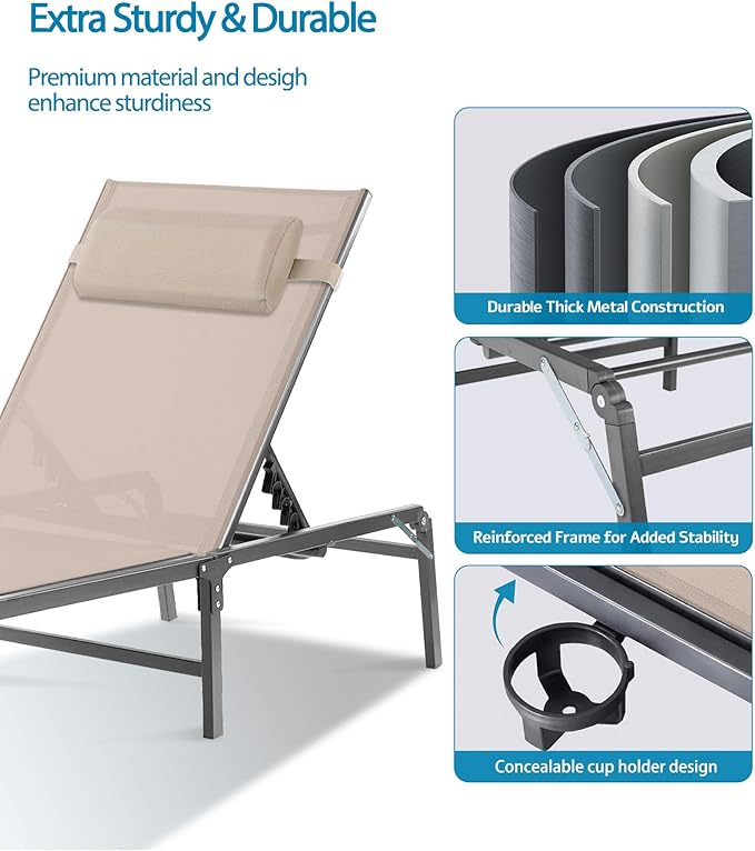4 Pack Foldable Chaise Lounge Chair with Cup Holder, Assemble-Free Outdoor Lounge Chair with Detachable Pillow and 6 Adjustable Backrest, Patio Lounge Chair for Outside Poolside Beach Pool, Khaki