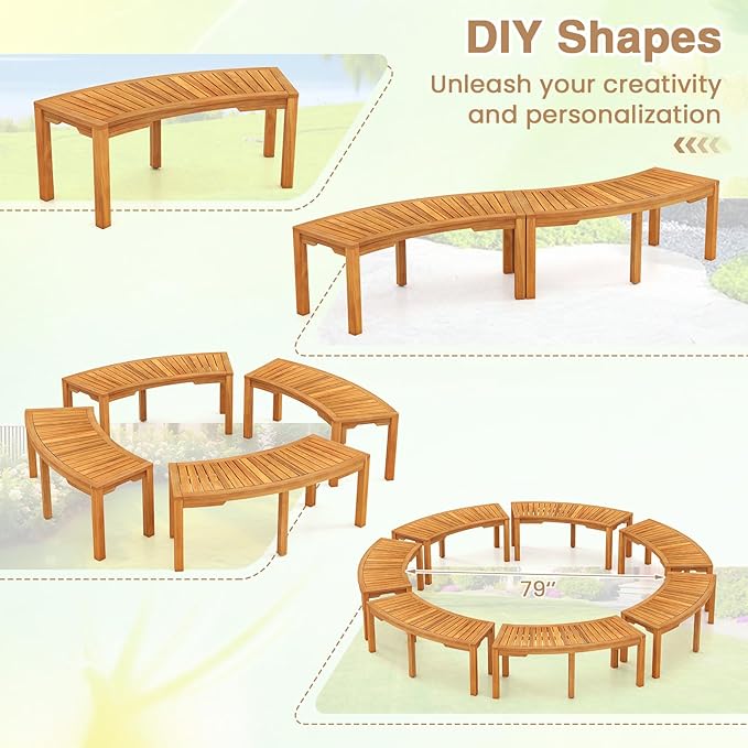 Tangkula Outdoor Curved Bench, Acacia Wood Fire Pit Bench w/Slatted Seat, Patio Backless 2-Person Seating for Porch, Yard, Garden, 800 LBS Max Load, Oil Painted (7, 45")