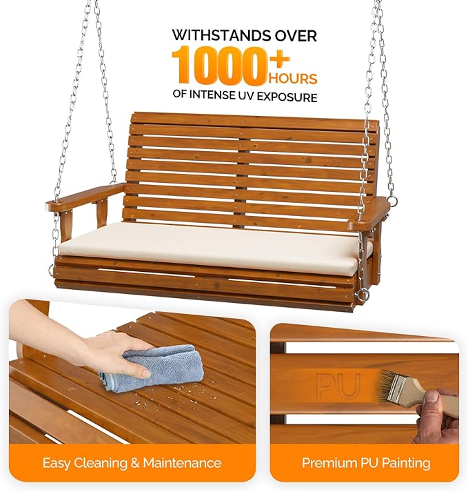 VINGLI Wooden Porch Swing, Heavy Duty 880 LBS Hanging Patio Bench with Extra Cushion for Lawn| Garden| Courtyard (Brown, 4 feet)