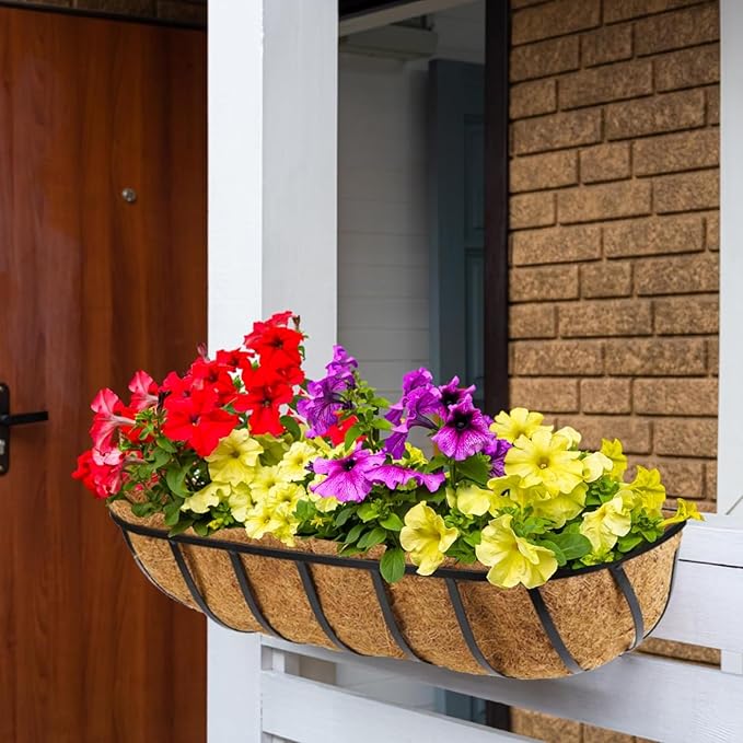 8 Pack 24 Inch Window Deck Railing Planter Boxes with Coconut Liner, Large Hanging Window Flower Boxes Metal Railing Planter for Balcony Fence Porch (8, 24 Inch)