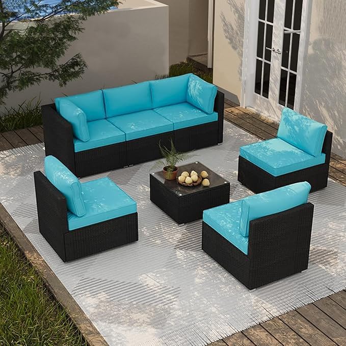 7 Piece Outdoor Patio Furniture Sets, Turquoise Patio Sectional Furniture All-Weather PE Rattan Sectional Sofa, Outdoor Wicker Conversatin Set w Coffee Table for Backyard, Garden, Porch