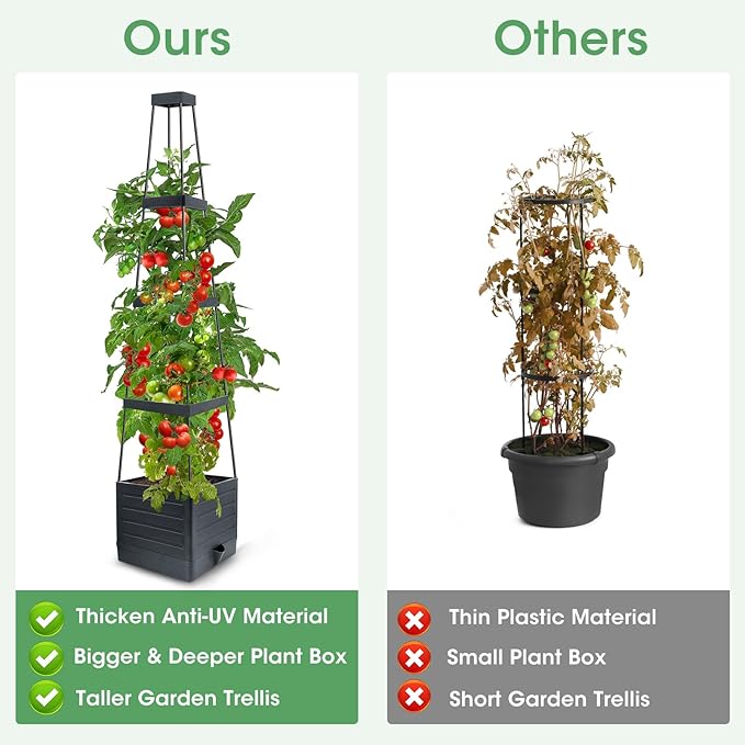 MQUPIN Tomato Planter Box with Trellis for Garden, 57 Inch Self-Watering Raised Garden Bed, Patio Tomato Cage for Climbing Vegetables & Flowers, Upgraded Tomato Pot for Indoor Outdoor Use (4 Pack)