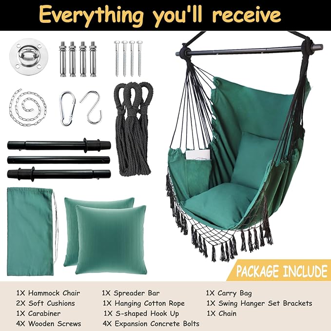 Hammock Chair Hanging Rope Swing Chair,Max 450 Lbs, Large Hanging Chair with Pocket, 2 Cushions, Removable Steel Bar, Hardware Kit Included, Superior Comfort for Indoor Outdoor (Dark Green)
