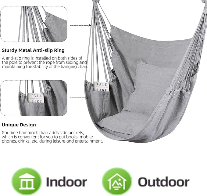 Goutime Hammock Chair, Boho Hanging Rope Ceiling Swing, Macrame Hanging Swinging Chair for Indoor,Outdoor,Bedroom,Outside,Garden,Balcony,Yard,Deck,Max 330 Lbs (Gray)