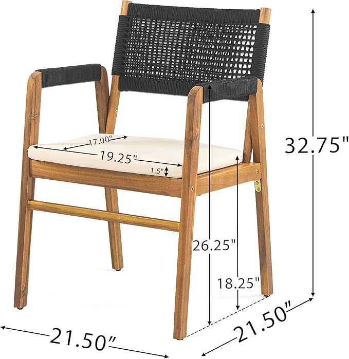 Christopher Knight Home Pasco Acacia Wood Outdoor Dining Table Set for 6, Wicker Patio Dining Set with Acacia Wood Table and Bench, Patio Table and Chair Set with Cushion+Rope Back, Black+Teak+Brown