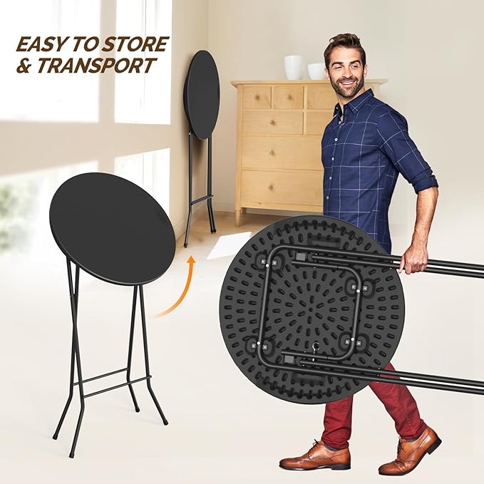 VINGLI 24" Plastic Folding Round Table Bar Height, HDPE Matrial with Gray Metal Finish, High Top Table for Outdoor Party, Cafes, Restaurants, Backyard, Dining Room, Wedding Event,1 Pack, Black