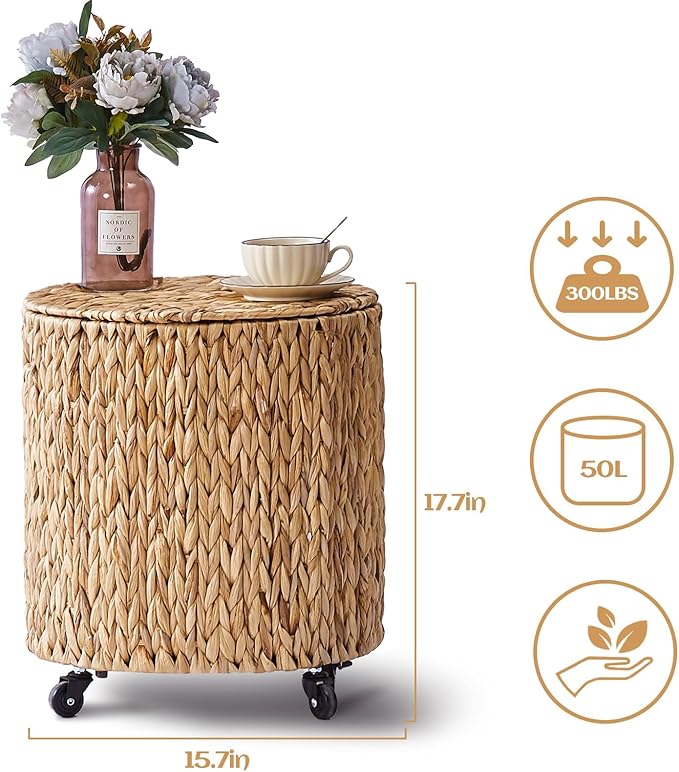 Wimarsbon Round Pouf Ottomans, Handwoven Natural Water Hyacinth Seagrass Pouffe,Outdoor Rattan Stool Accent Seat, Bohemian Coastal Home Decor (Storage Ottoman - Natural Water Hyacinth Braid)