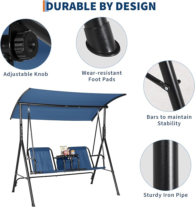 2-Person Porch Swing with Cup Holders, Pivot Storage Table & Cooler Bag, Adjustable Canopy, Black Steel Frame Outdoor Patio Swing for Backyard, Balcony & Poolside