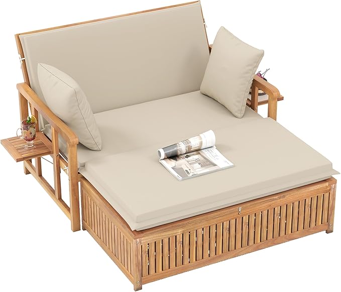 Tangkula Outdoor Acacia Wood Daybed with Storage Ottoman, Wood Patio Loveseat Sofa with 4-Level Backrest & Removable Cushions, 2 Folding Side Tables, Patio Recliner Lounger for Poolside, Backyard