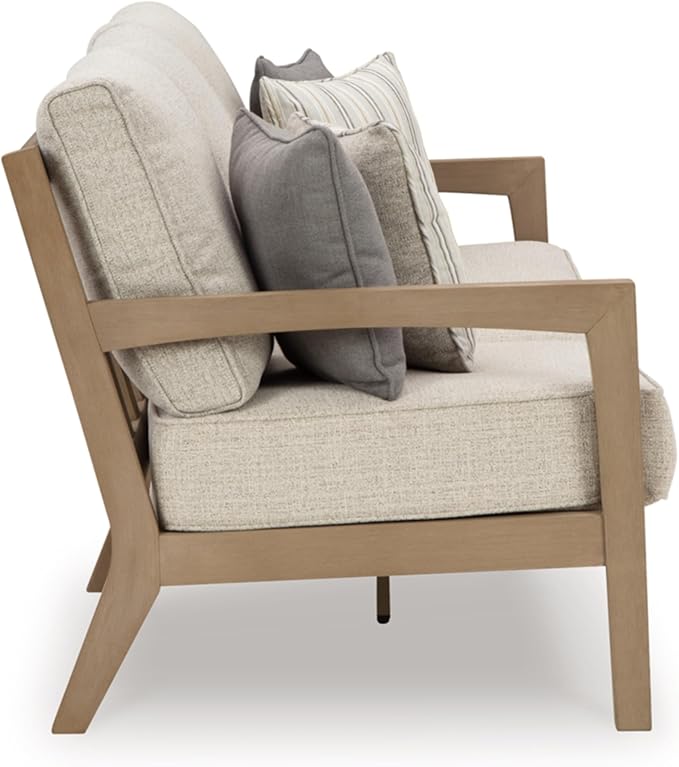 Signature Design by Ashley Hallow Creek Cottage Nuvella Weather Resistant Fabric Outdoor Sofa with Cushion and 4 Throw Pillows, Light Brown & Beige