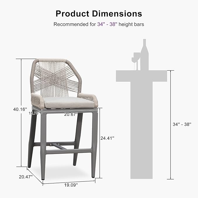 PURPLE LEAF Patio Bar Stool Counter Height Set of 4 Outdoor Rattan Chairs with Back Modern Aluminum Woven Barstools for Garden Indoor Kitchen Light Gray