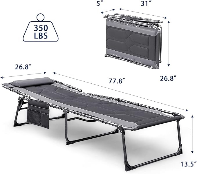 Devoko 4-Fold Padded Portable Folding Outdoor Chaise Lounge Heavy Duty Reclining Chair with Pillow & Side Pocket for Patio, Beach, Pool, Camping, Sunbathing (Gray)
