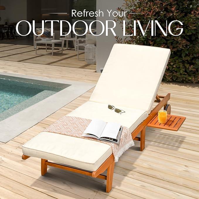IDZO Upgraded Cushion Outdoor, 500lbs Capacity Patio Pool Loungers, Stackable and Foldable Design, Reclining Backrest, Federica Wood Chaise Lounge, Brown