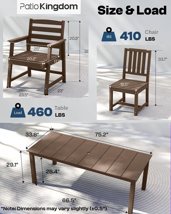 5-Piece Brown Outdoor Dining Set for 4, 75.2'' HDPE Table with Umbrella Hole & Chairs, Weather-Resistant Patio Furniture for Garden, Lawn, or Poolside