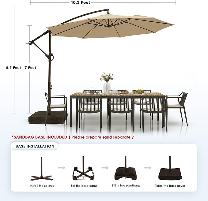 wikiwiki 10ft Patio Umbrella with Base Included, Outdoor Offset Cantilever Umbrella with Sandbag Base for Backyard, Garden and Pool, Easy to Tilt and Crank, Tan