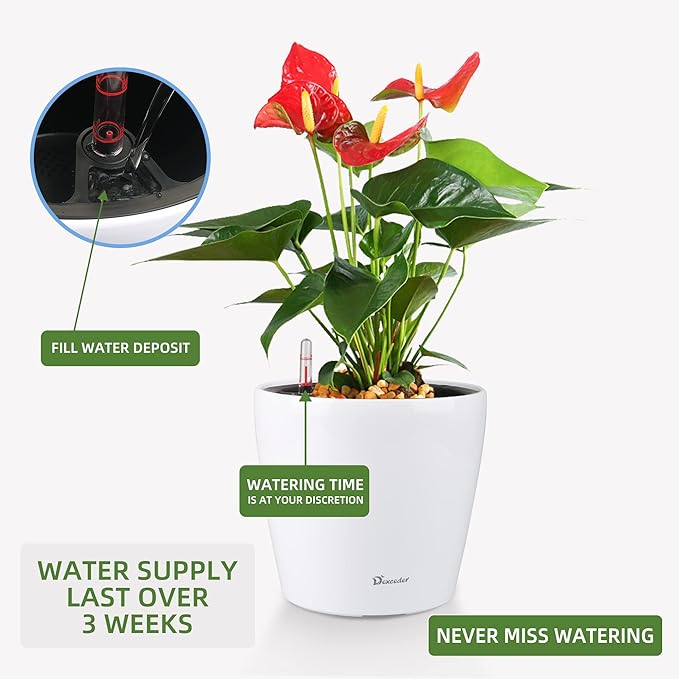 Dexceder 9x8 Inches High Gloss Self Watering Planter Indoor Outdoor, Inner Pot Design, Thickened Table Flower Plant Pot with Water Level Indicator (White)
