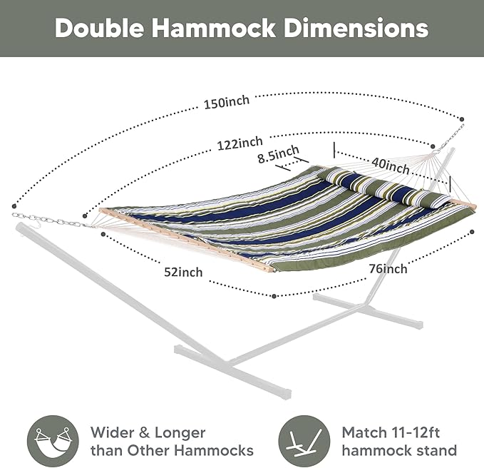 SUNCREAT Hammocks Outdoor Double Hammock with Hardwood Spreader Bar, Cotton Rope Hammock with Polyester Pad, Blue&Aqua