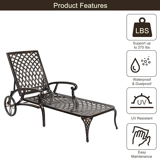 VINGLI Cast Aluminum Outdoor Chaise Lounge Chair with Wheels, Patio Chaise Lounge with 3-Position Adjustable Backrest, Tanning Chair Reclining Chair for Poolside (Bronze, Without Cushion)