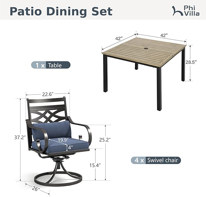 PHI VILLA 5 Pieces Outdoor Dining Set for 4, 42" Square Brown Metal Table with Umbrella Hole & Wrought Iron Swivel Chairs, Large Outside Furniture with Blue Cushions & Pillows for Patio, Deck, Porch