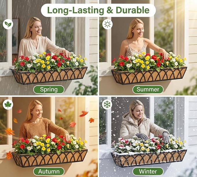 30 Inch Window Deck with Coco Liner, Fence Metal Hanging Flower Planter Window Basket Deck Railing Planter Boxes for Outdoor Garden Lawn，30" Window Boxes Horse Trough with Coconut Coir Liner, 2pcs